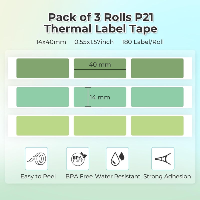Nelko Genuine P21 Label Maker Tape, Adapted Label Print Paper, 14x40mm (0.55"x1.57"), Standard Laminated Labeling Replacement, Multipurpose of P21, 180 Tapes/Roll, 3-Roll, Light Green/Green/Dark Green - Image 2